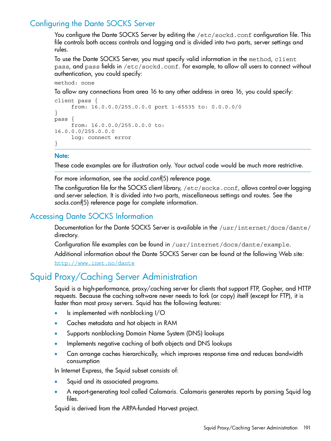 HP UX Internet Express Software manual Squid Proxy/Caching Server Administration, Configuring the Dante Socks Server 