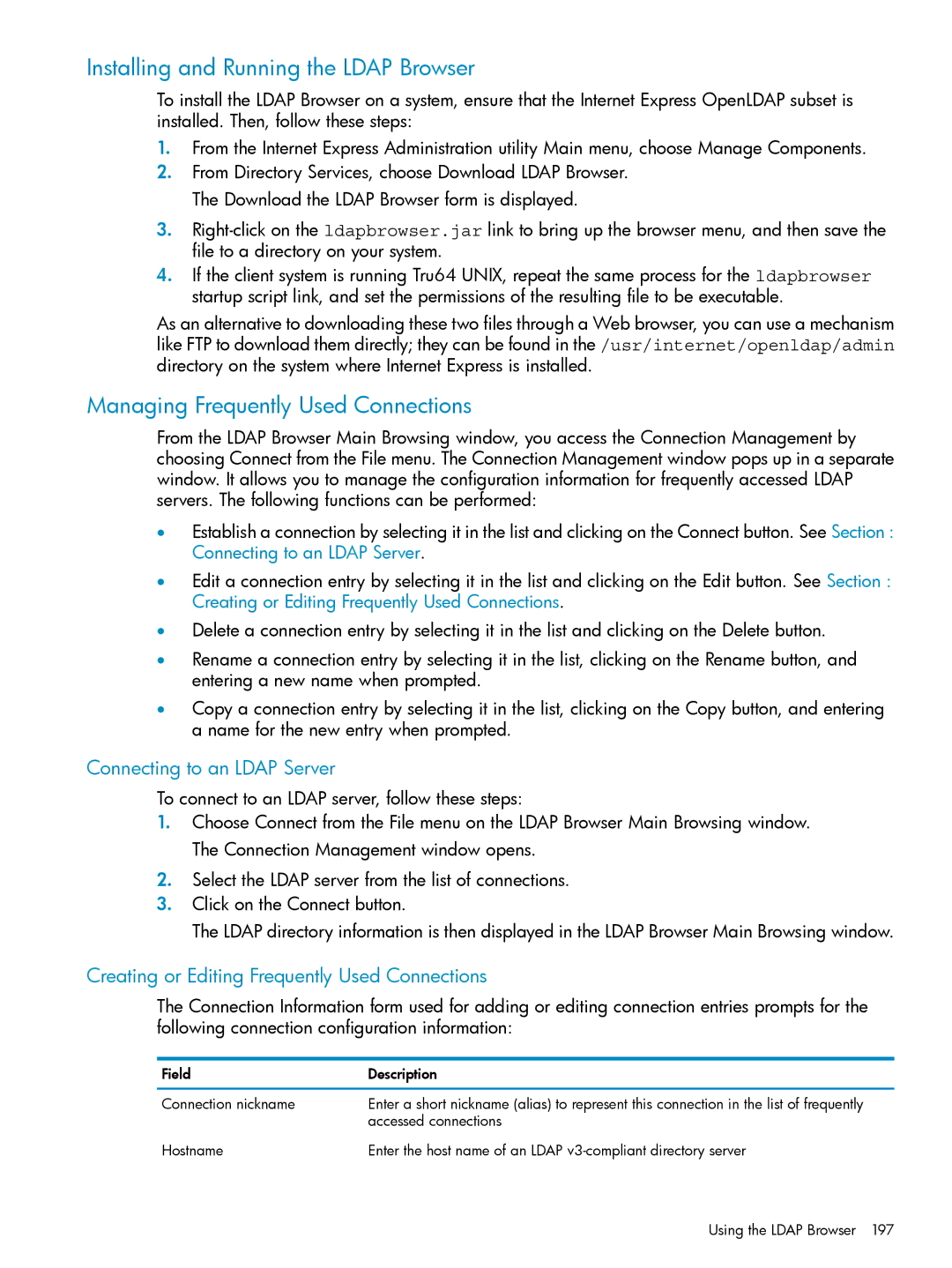 HP UX Internet Express Software manual Installing and Running the Ldap Browser, Managing Frequently Used Connections 