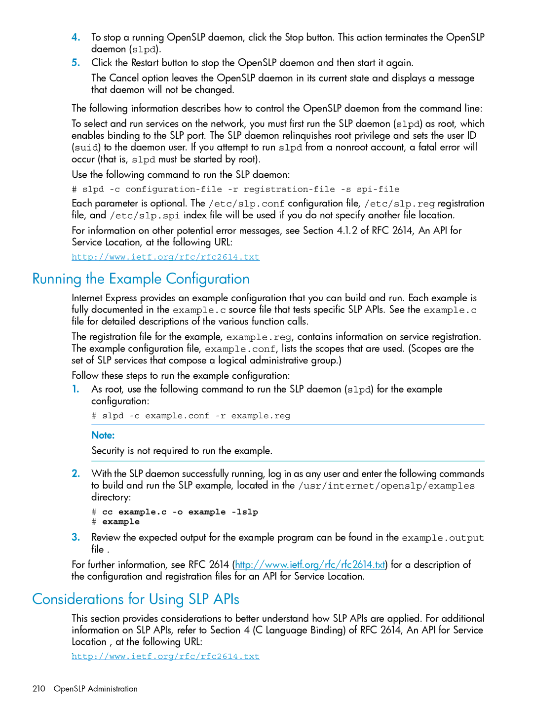 HP UX Internet Express Software manual Running the Example Configuration, Considerations for Using SLP APIs 