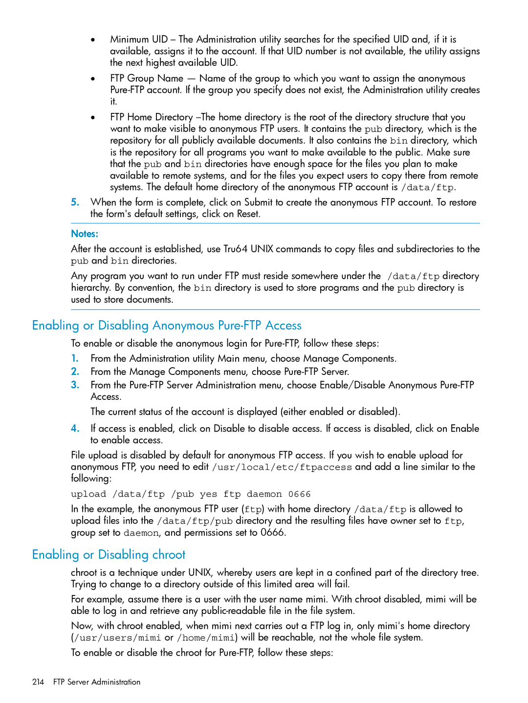 HP UX Internet Express Software manual Enabling or Disabling Anonymous Pure-FTP Access, Enabling or Disabling chroot 