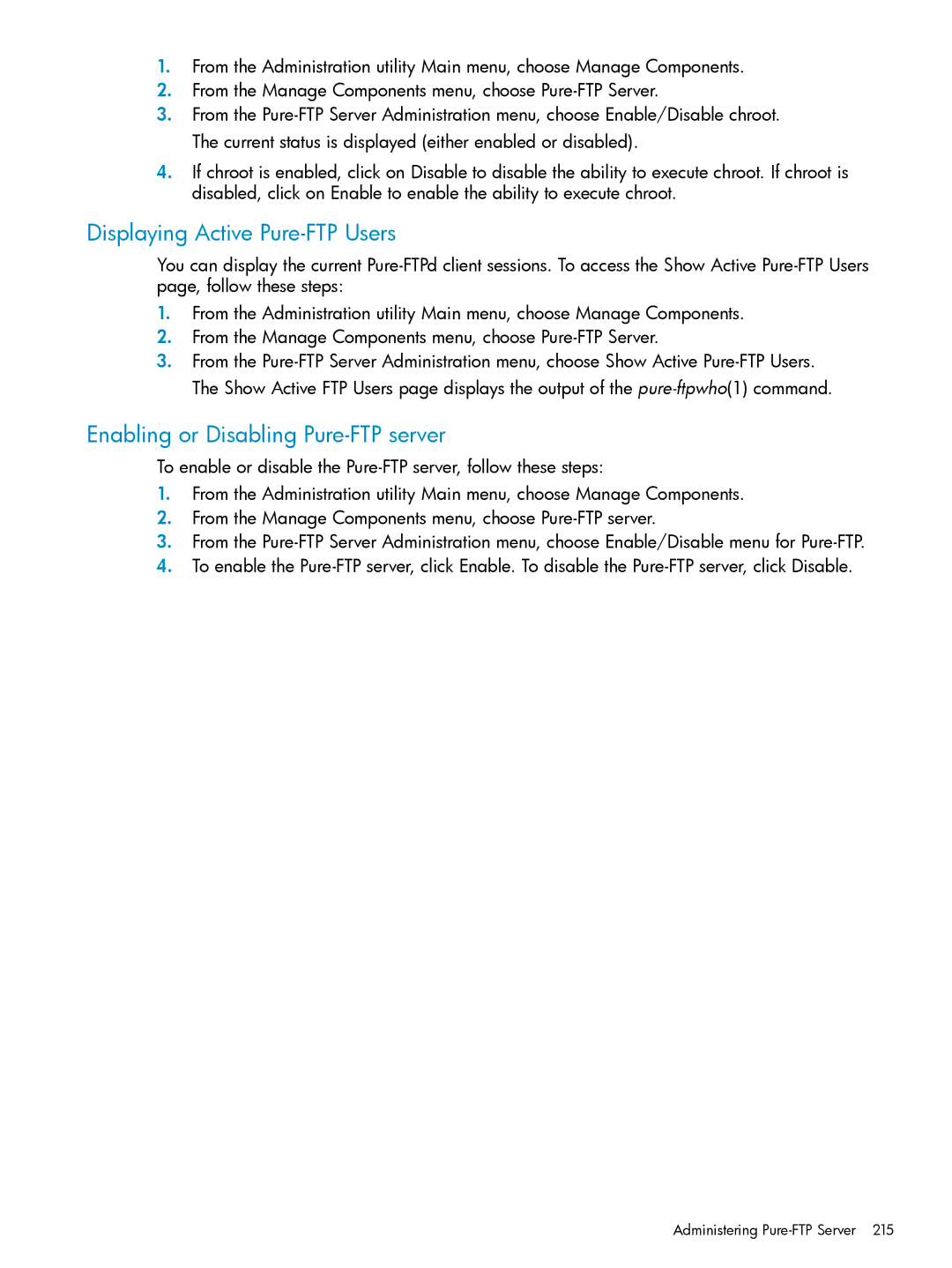 HP UX Internet Express Software manual Displaying Active Pure-FTP Users, Enabling or Disabling Pure-FTP server 