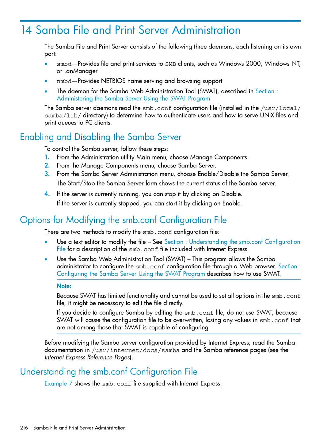 HP UX Internet Express Software manual Samba File and Print Server Administration, Enabling and Disabling the Samba Server 