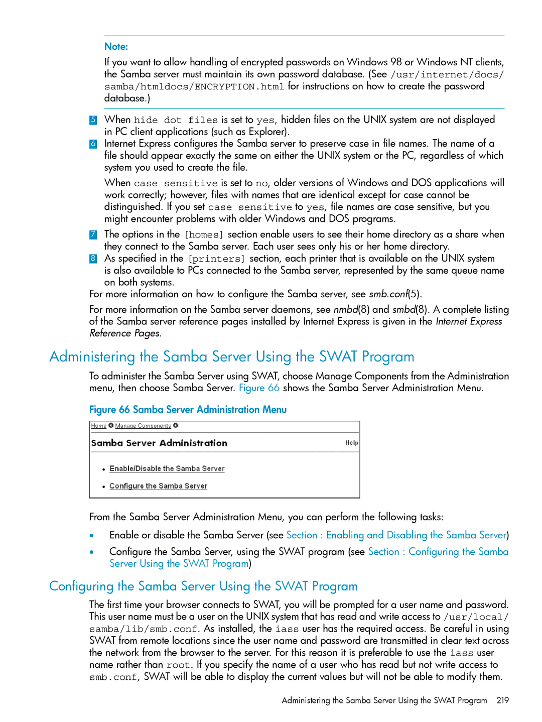 HP UX Internet Express Software manual Administering the Samba Server Using the Swat Program 