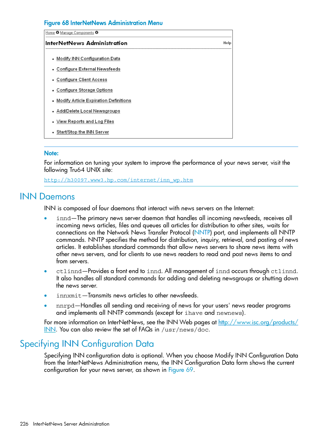 HP UX Internet Express Software manual INN Daemons, Specifying INN Configuration Data, InterNetNews Server Administration 