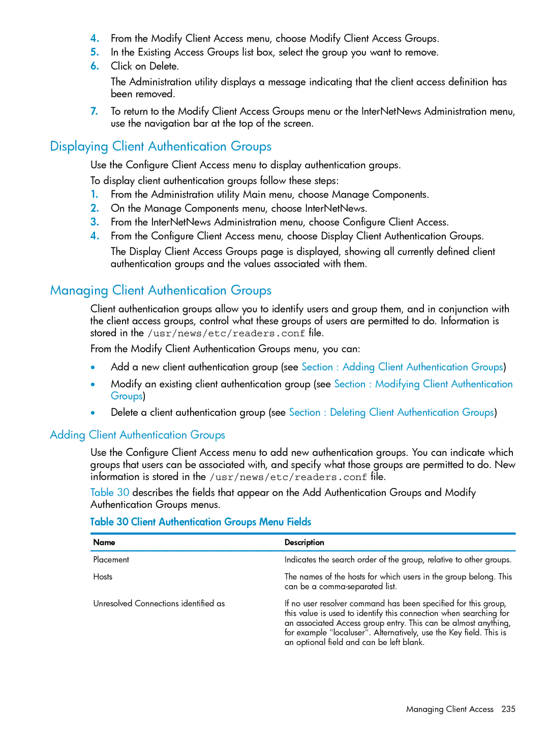 HP UX Internet Express Software manual Displaying Client Authentication Groups, Managing Client Authentication Groups 