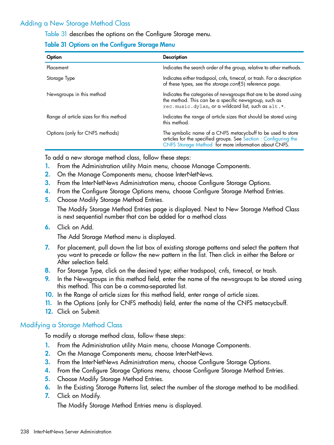 HP UX Internet Express Software manual Adding a New Storage Method Class, Modifying a Storage Method Class 