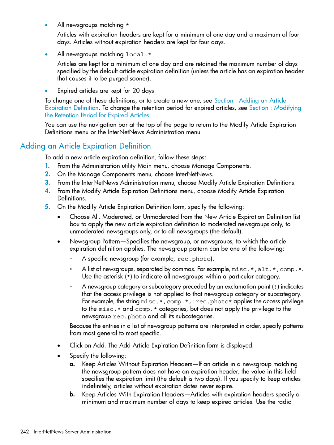 HP UX Internet Express Software manual Adding an Article Expiration Definition, Specific newsgroup for example, rec.photo 