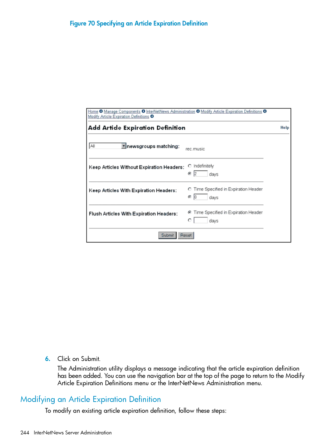 HP UX Internet Express Software Modifying an Article Expiration Definition, Specifying an Article Expiration Definition 