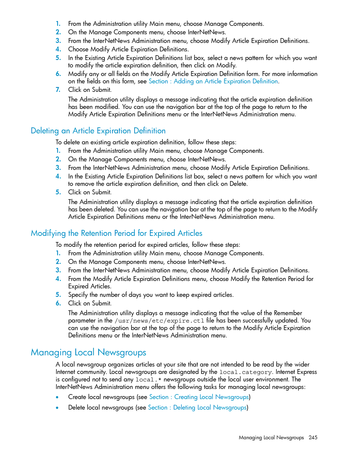 HP UX Internet Express Software manual Managing Local Newsgroups, Deleting an Article Expiration Definition 
