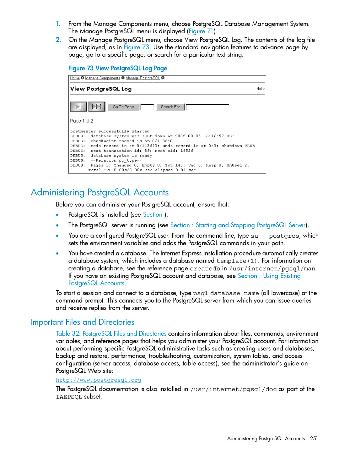 HP UX Internet Express Software manual Administering PostgreSQL Accounts, Important Files and Directories 