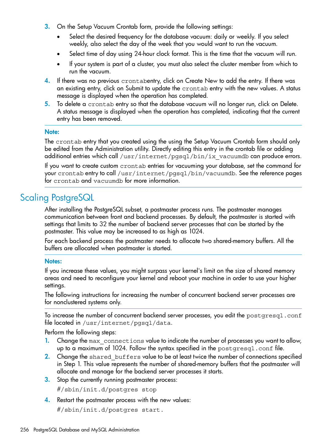 HP UX Internet Express Software manual Scaling PostgreSQL, #/sbin/init.d/postgres stop, #/sbin/init.d/postgres start 