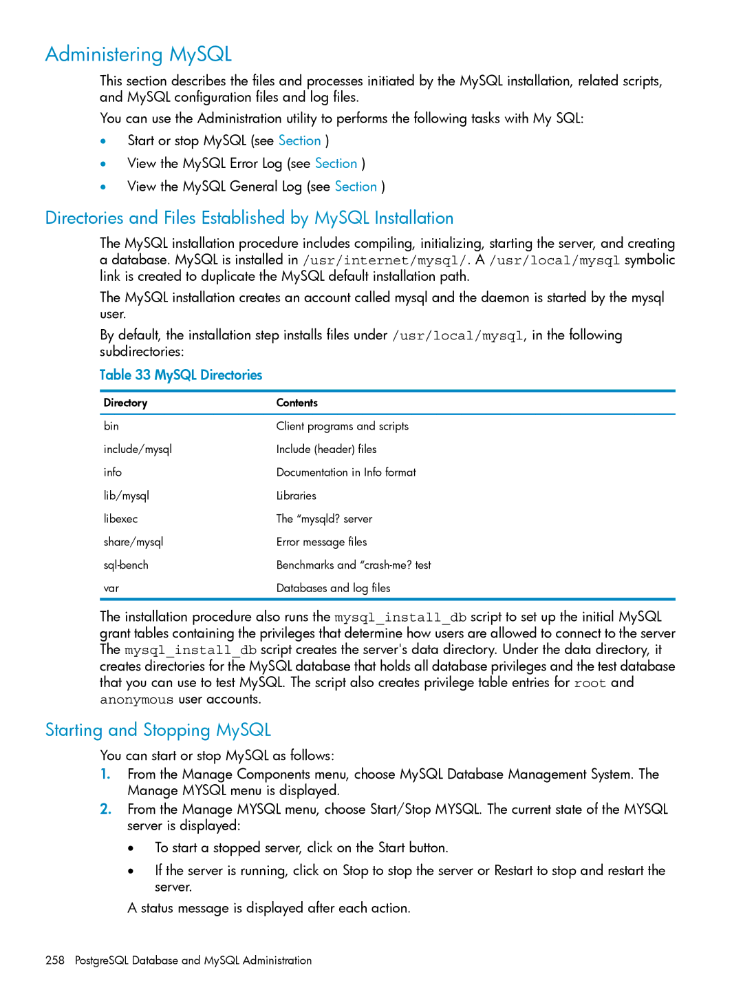 HP UX Internet Express Software manual Administering MySQL, Directories and Files Established by MySQL Installation 