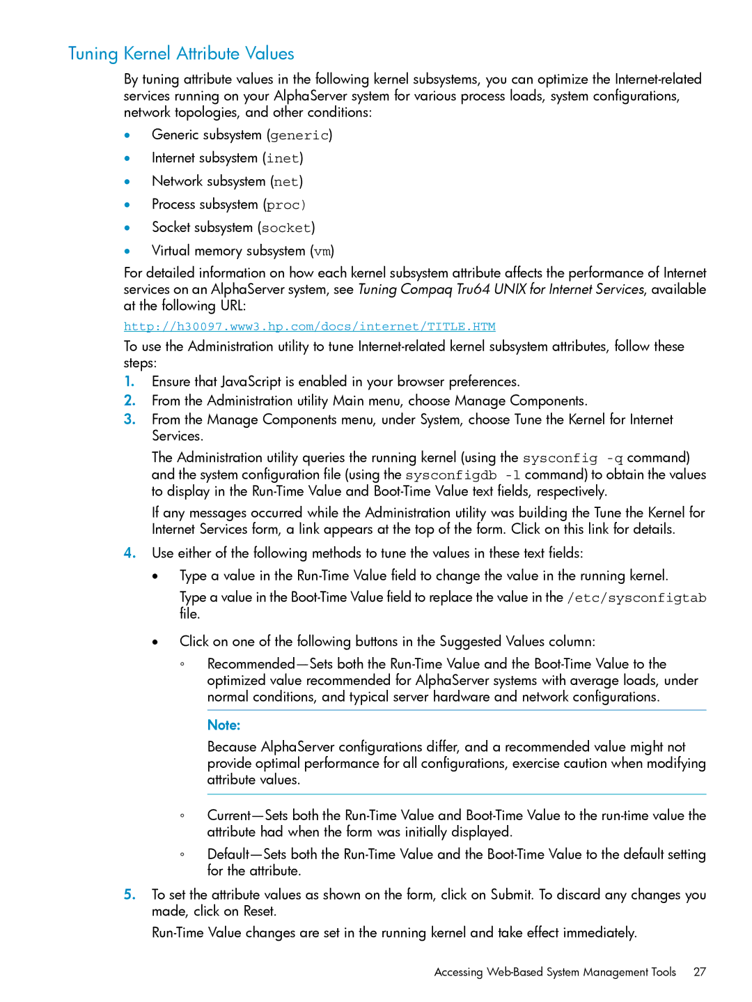 HP UX Internet Express Software manual Tuning Kernel Attribute Values, Accessing Web-Based System Management Tools 