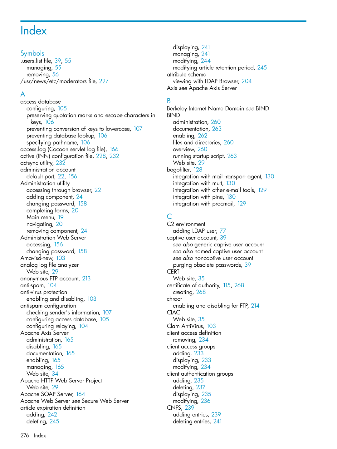 HP UX Internet Express Software manual Index, Symbols 