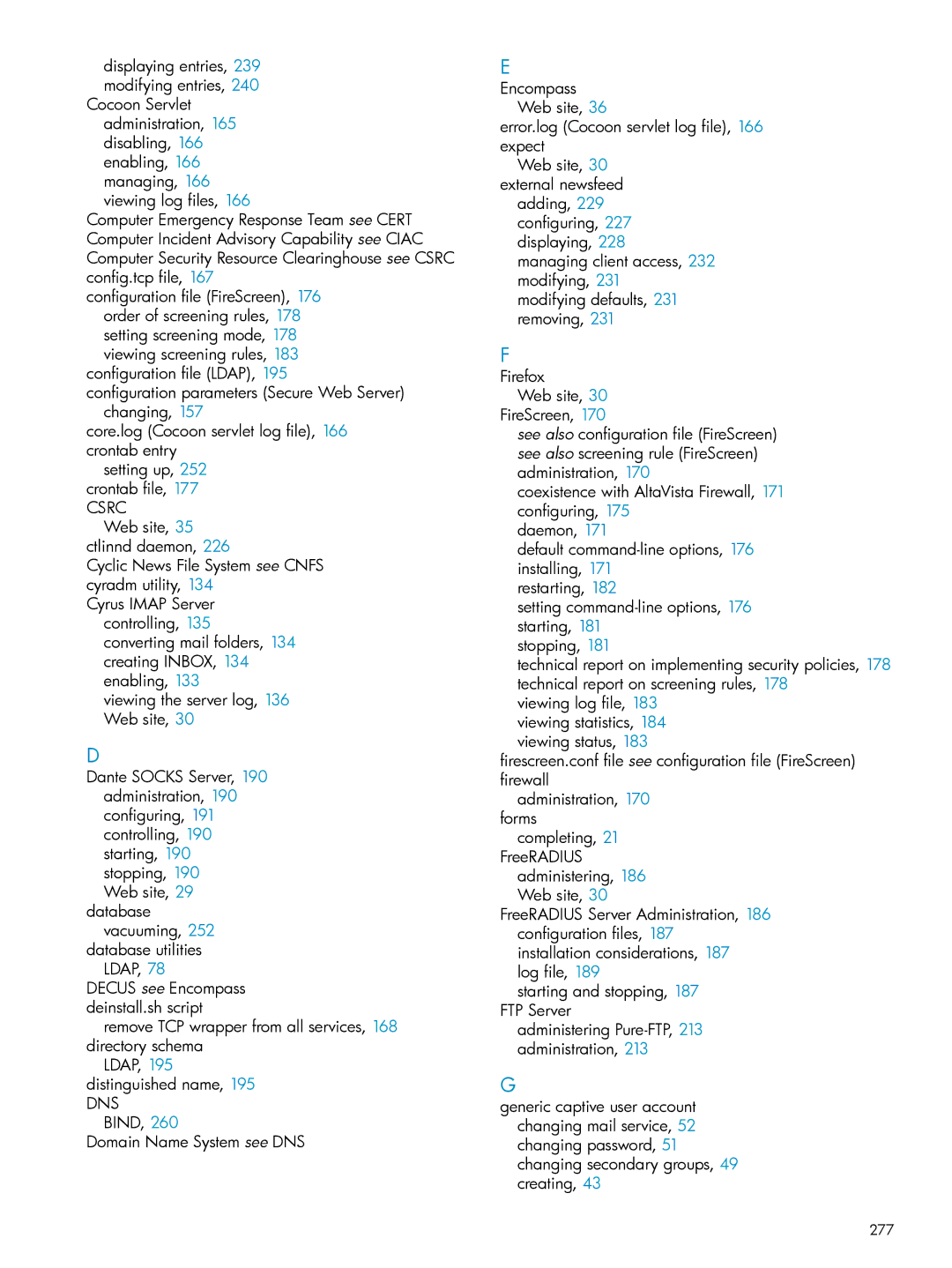 HP UX Internet Express Software manual Decus see Encompass deinstall.sh script, Web site, 30 external newsfeed adding, 277 