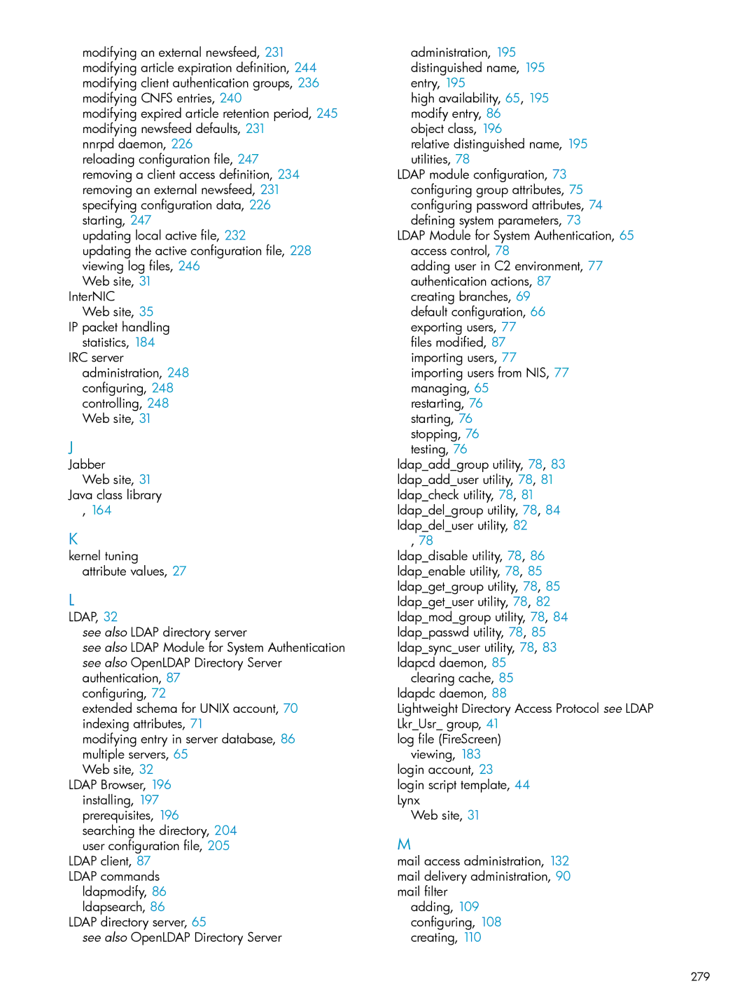 HP UX Internet Express Software manual Ldap client, 87 Ldap commands, Log file FireScreen viewing, 183 login account, 279 
