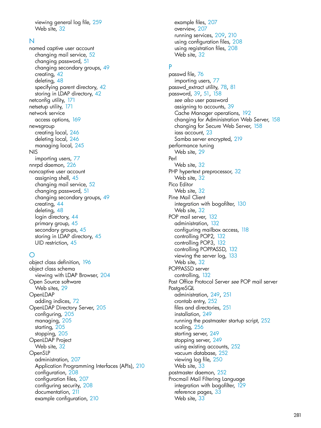HP UX Internet Express Software manual OpenLDAP Project Web site, Poppassd server controlling, 281 