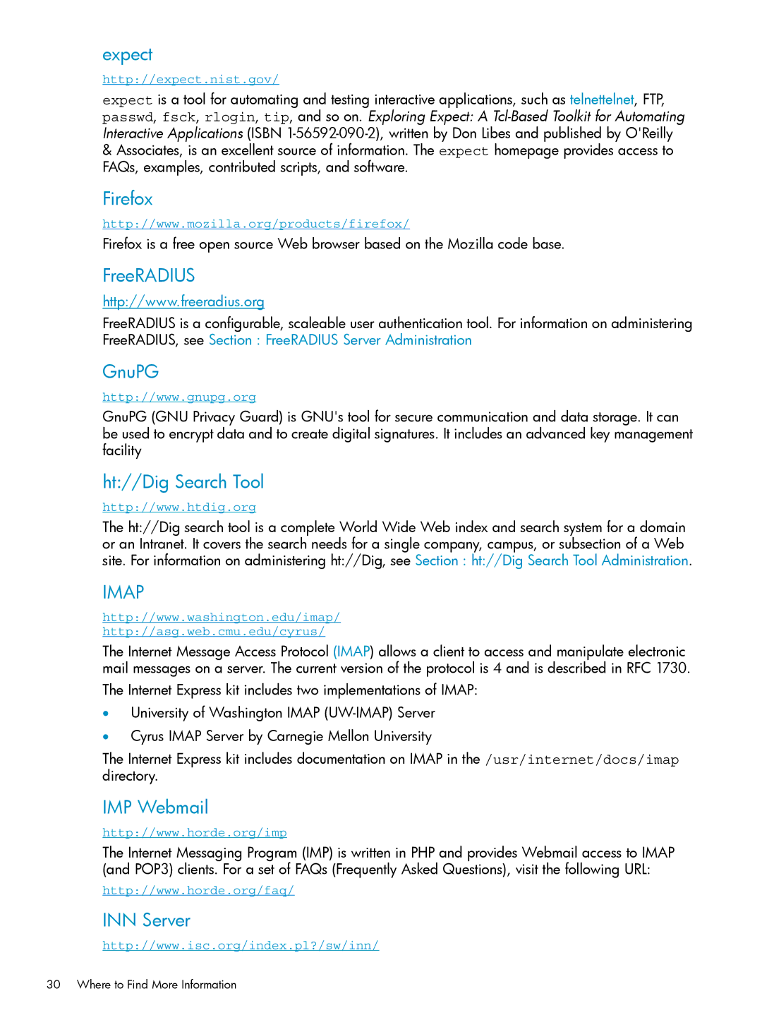 HP UX Internet Express Software manual Expect, Firefox, FreeRADIUS, GnuPG, Ht//Dig Search Tool, IMP Webmail, INN Server 