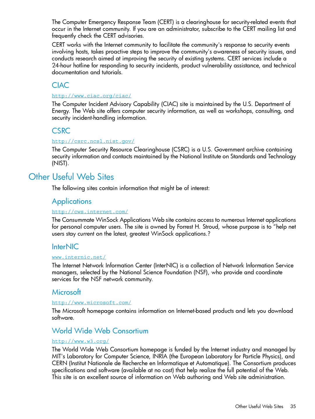 HP UX Internet Express Software manual Other Useful Web Sites, Applications, InterNIC, Microsoft, World Wide Web Consortium 