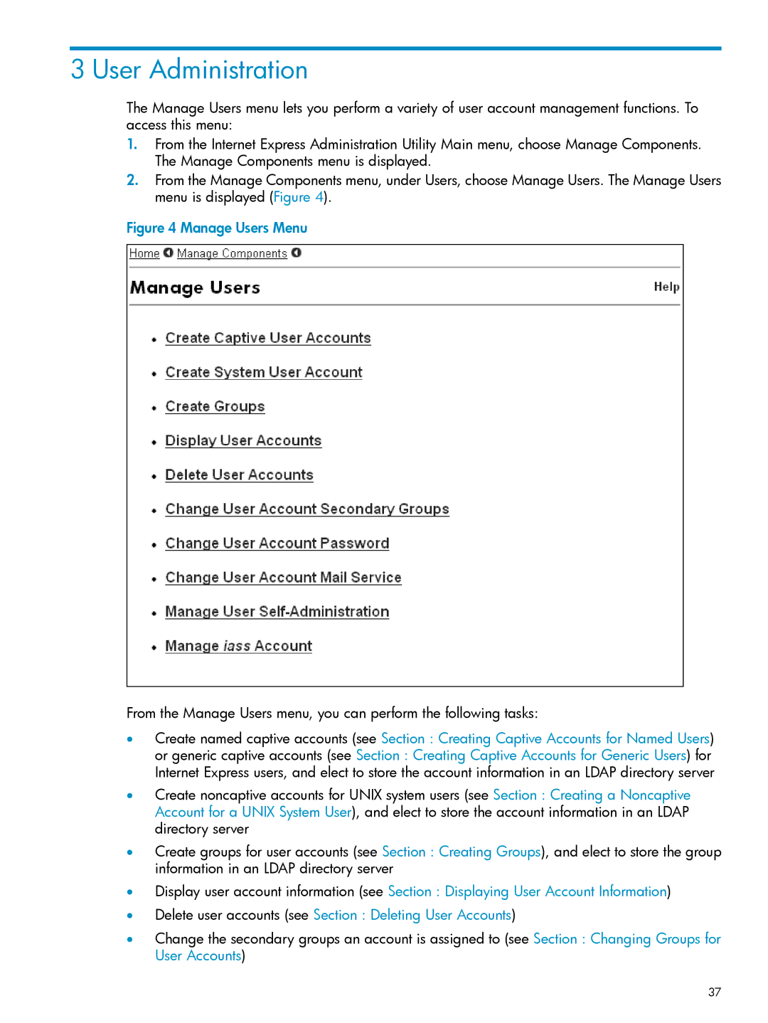 HP UX Internet Express Software manual User Administration, Manage Users Menu 