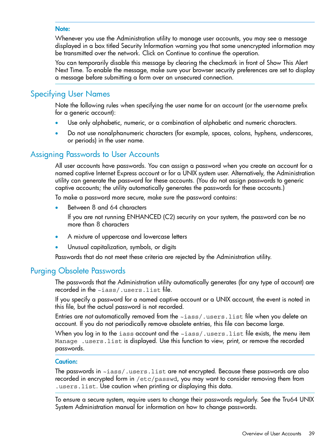 HP UX Internet Express Software Specifying User Names, Assigning Passwords to User Accounts, Purging Obsolete Passwords 