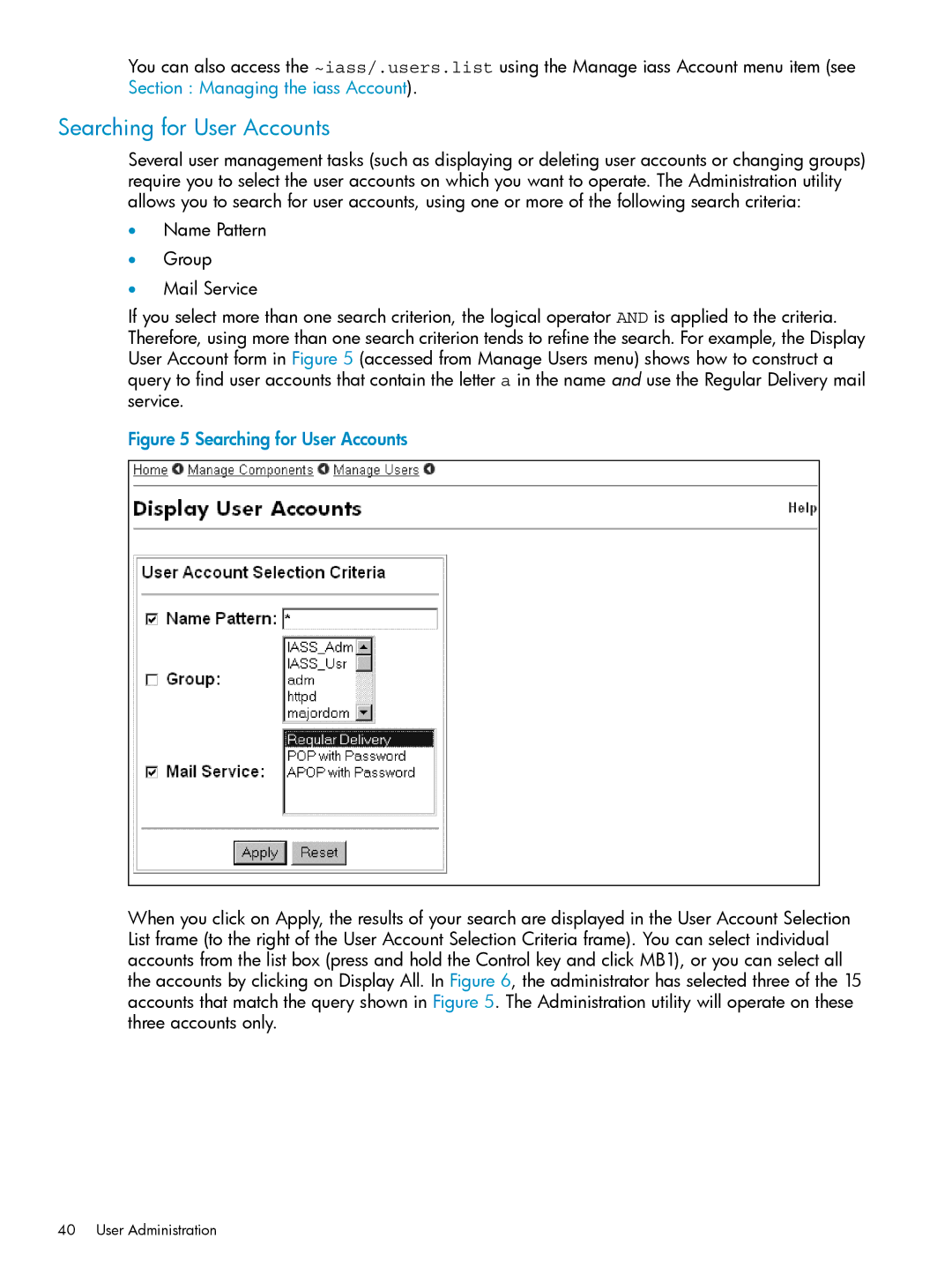 HP UX Internet Express Software manual Searching for User Accounts 