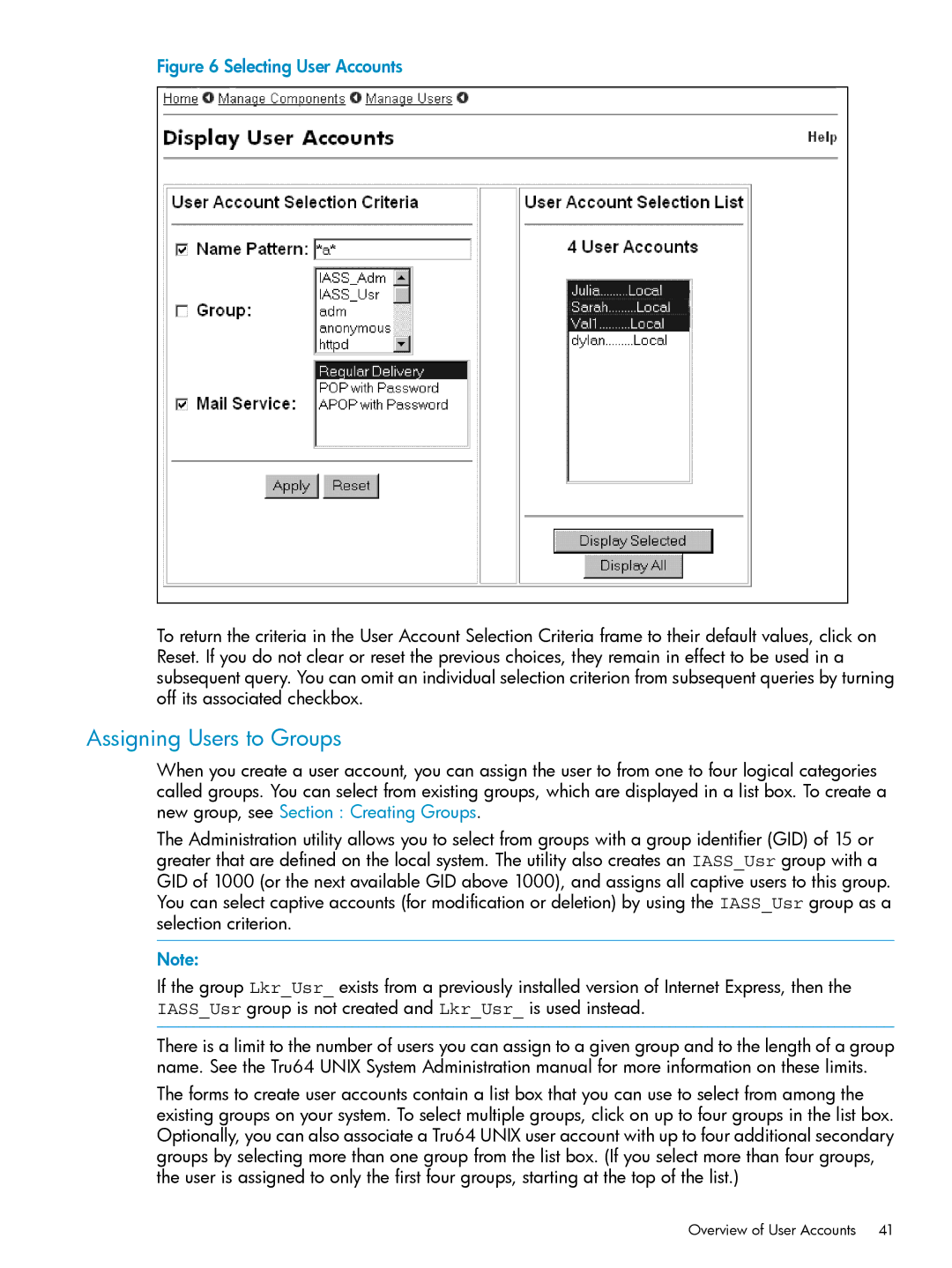 HP UX Internet Express Software manual Assigning Users to Groups, Selecting User Accounts 