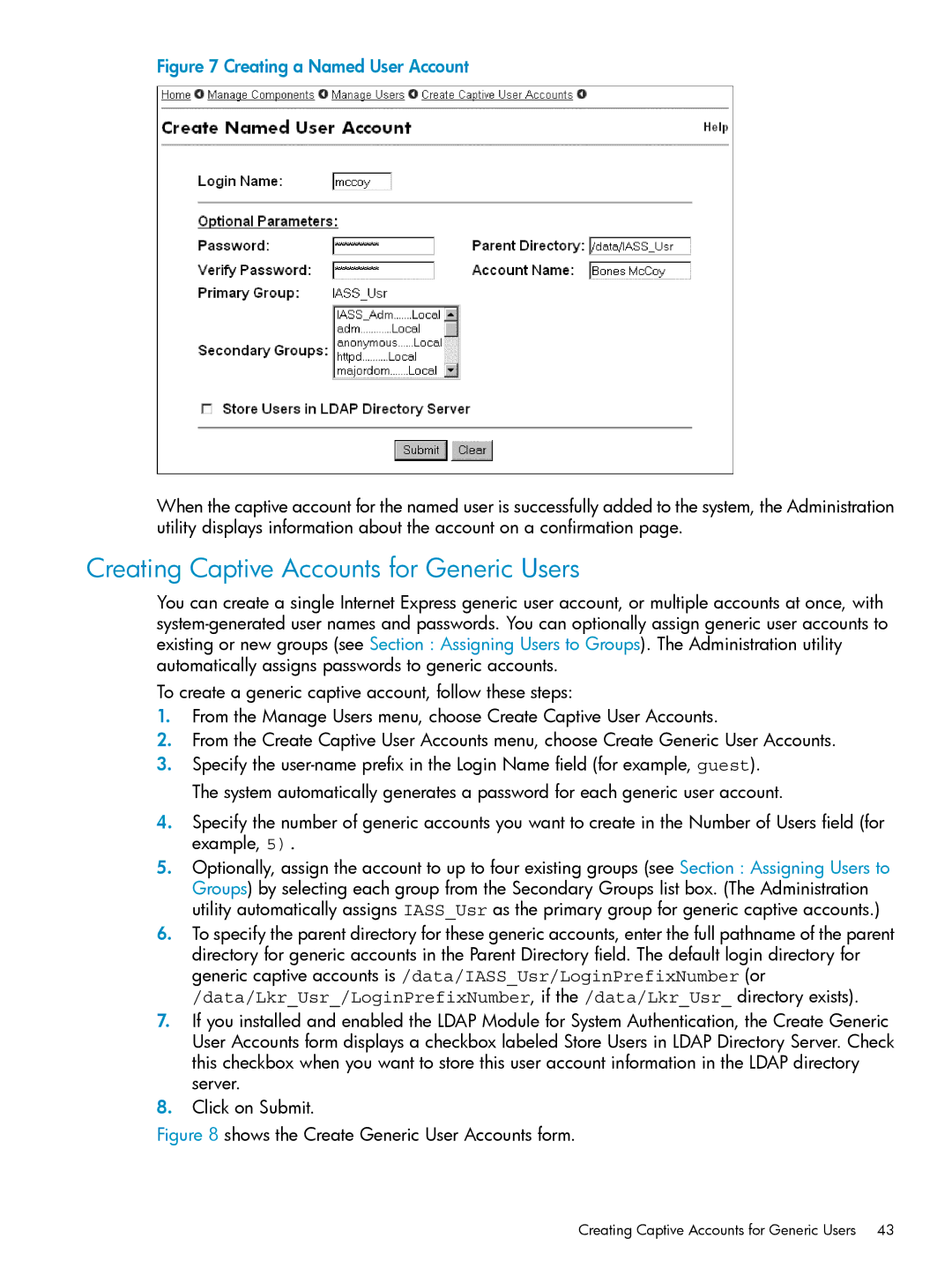 HP UX Internet Express Software manual Creating Captive Accounts for Generic Users, Creating a Named User Account 