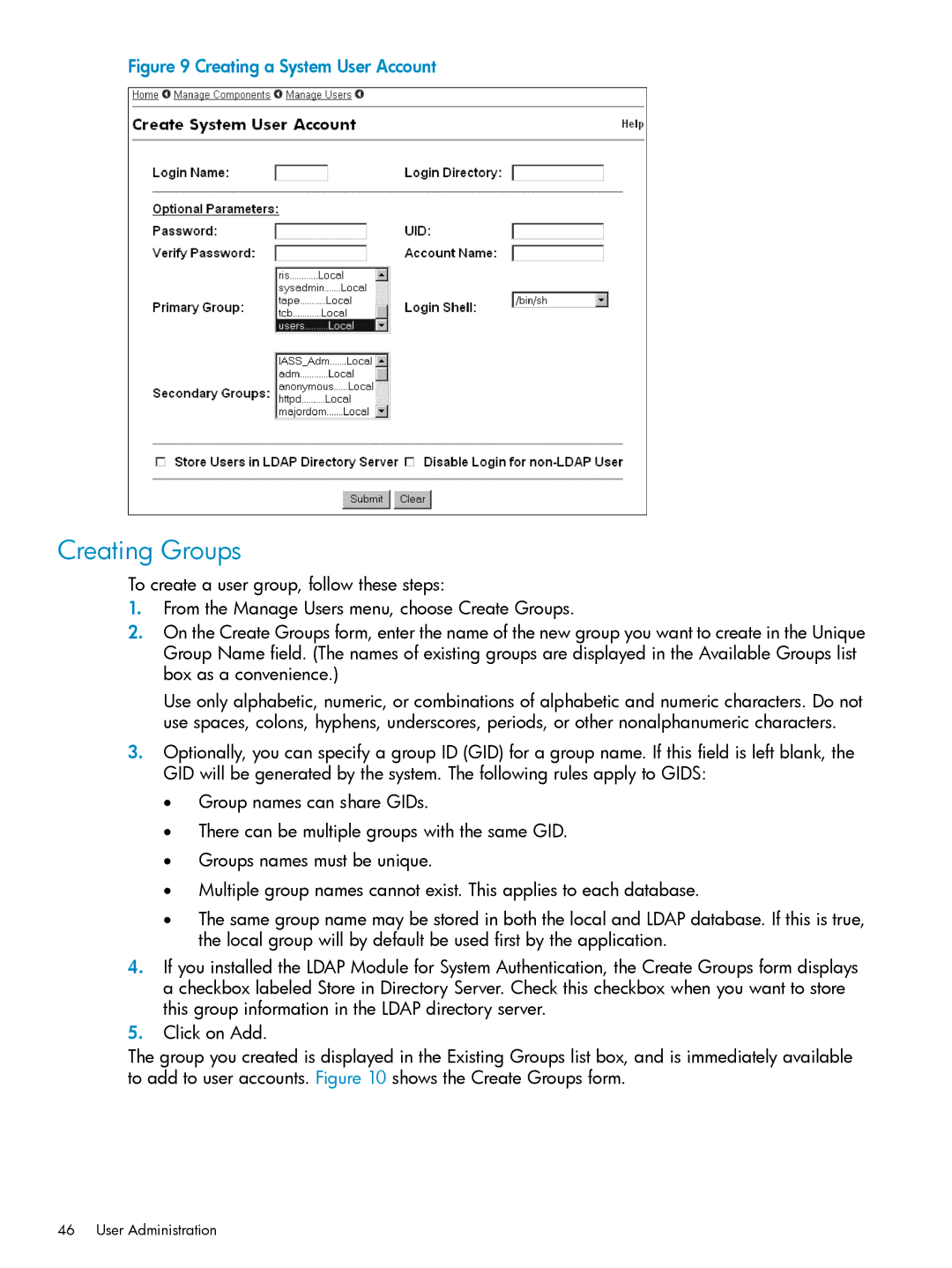 HP UX Internet Express Software manual Creating Groups, Creating a System User Account 