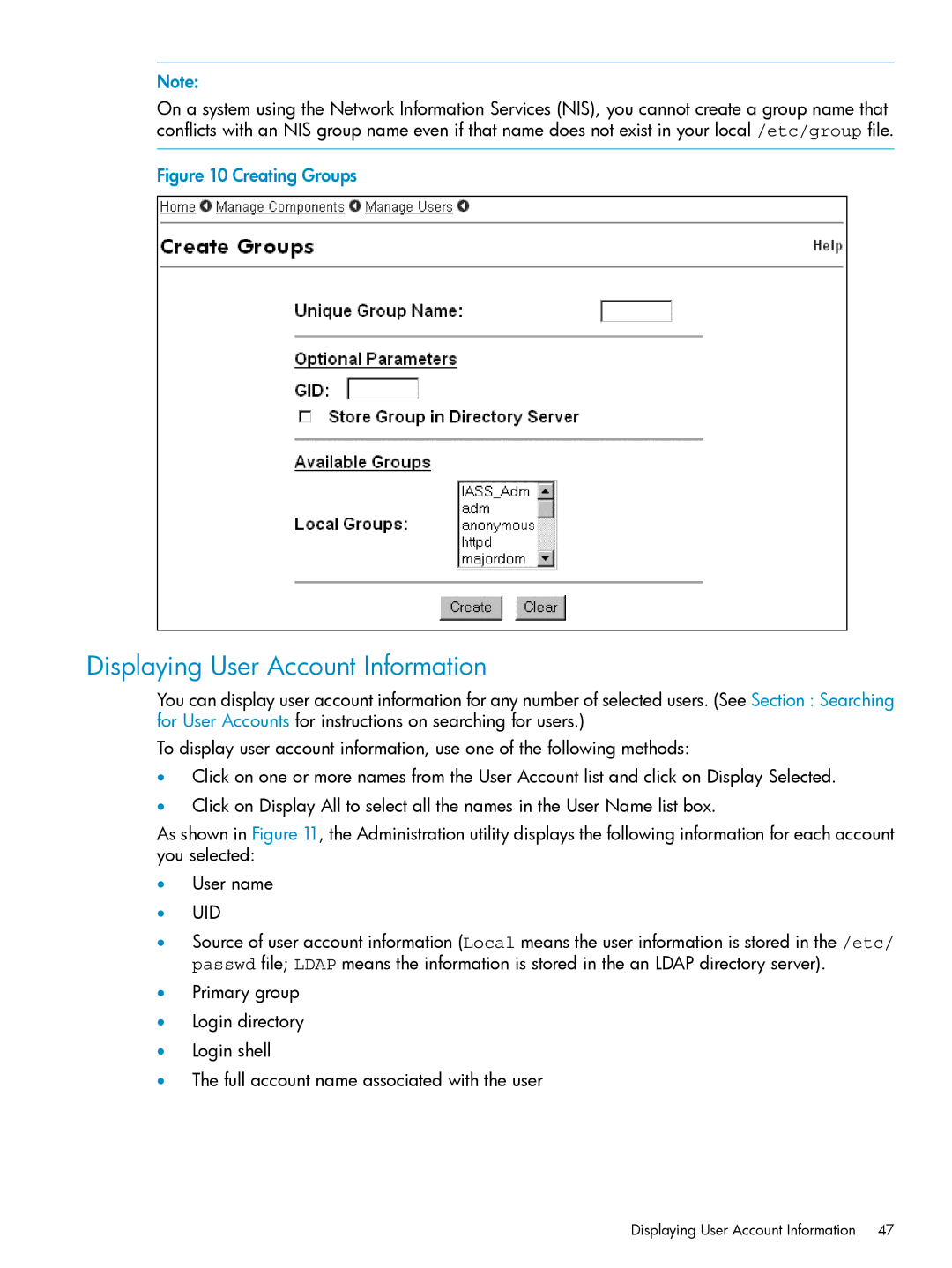 HP UX Internet Express Software manual Displaying User Account Information, Creating Groups 