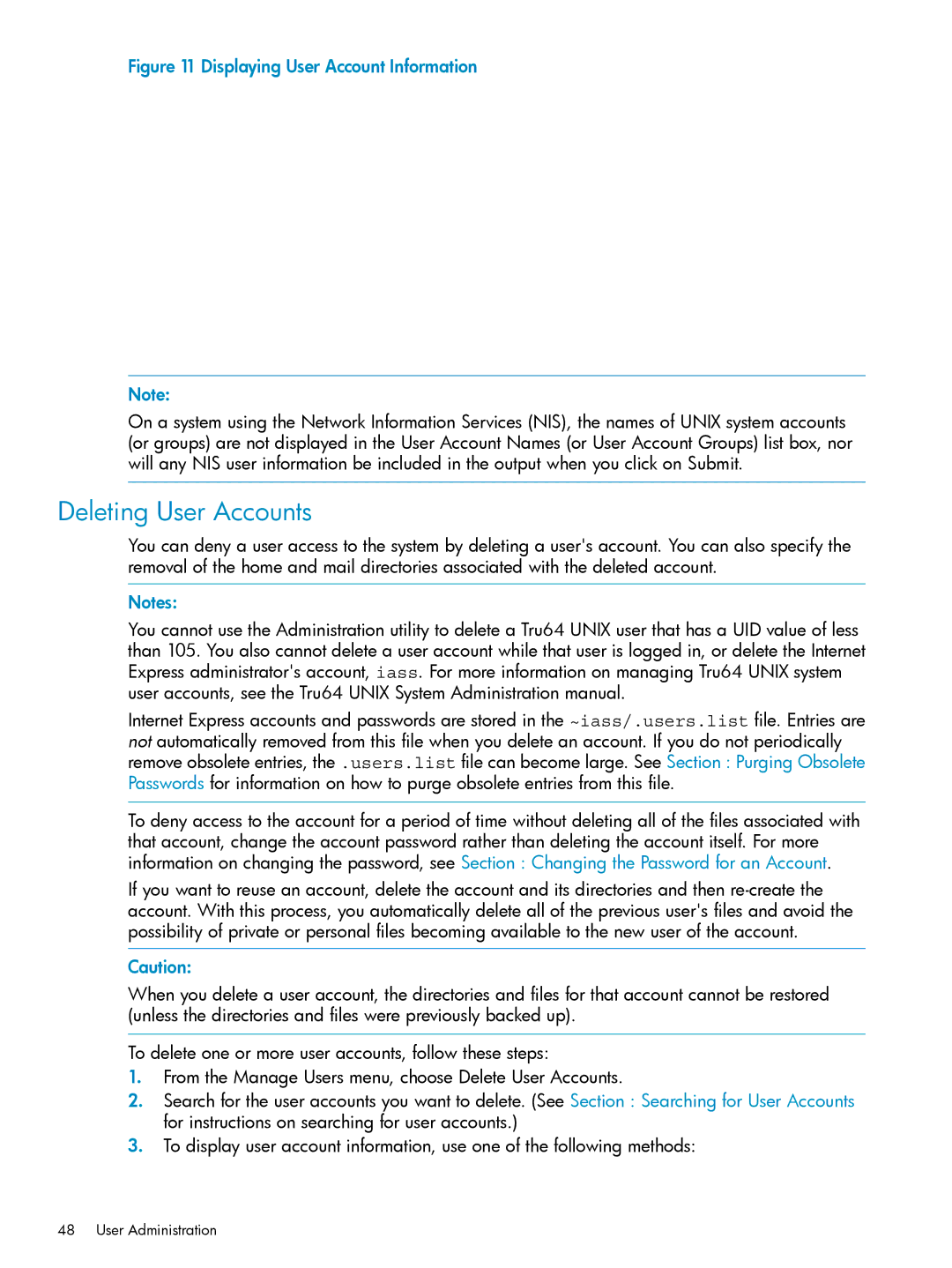 HP UX Internet Express Software manual Deleting User Accounts, Displaying User Account Information 