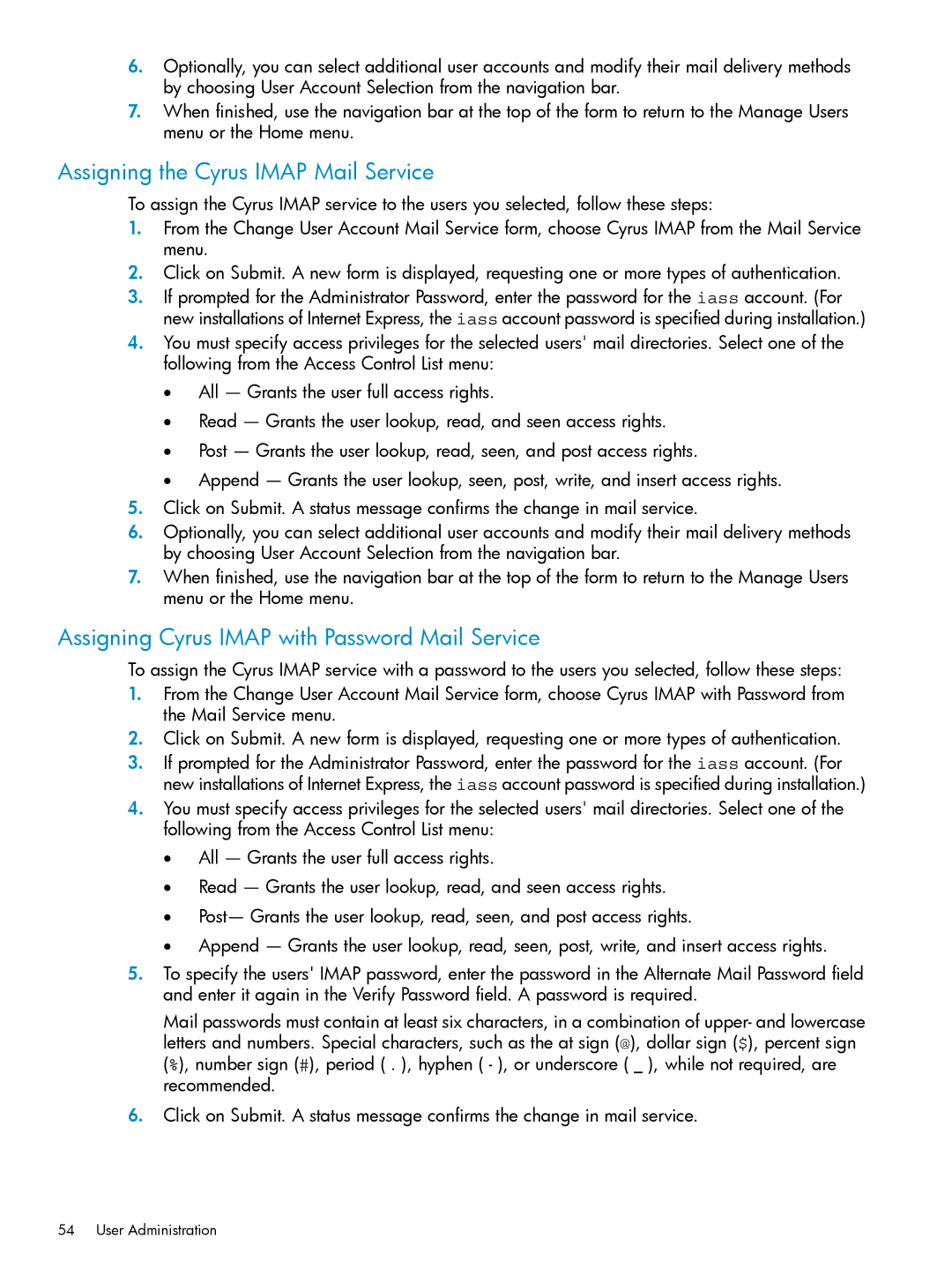 HP UX Internet Express Software Assigning the Cyrus Imap Mail Service, Assigning Cyrus Imap with Password Mail Service 