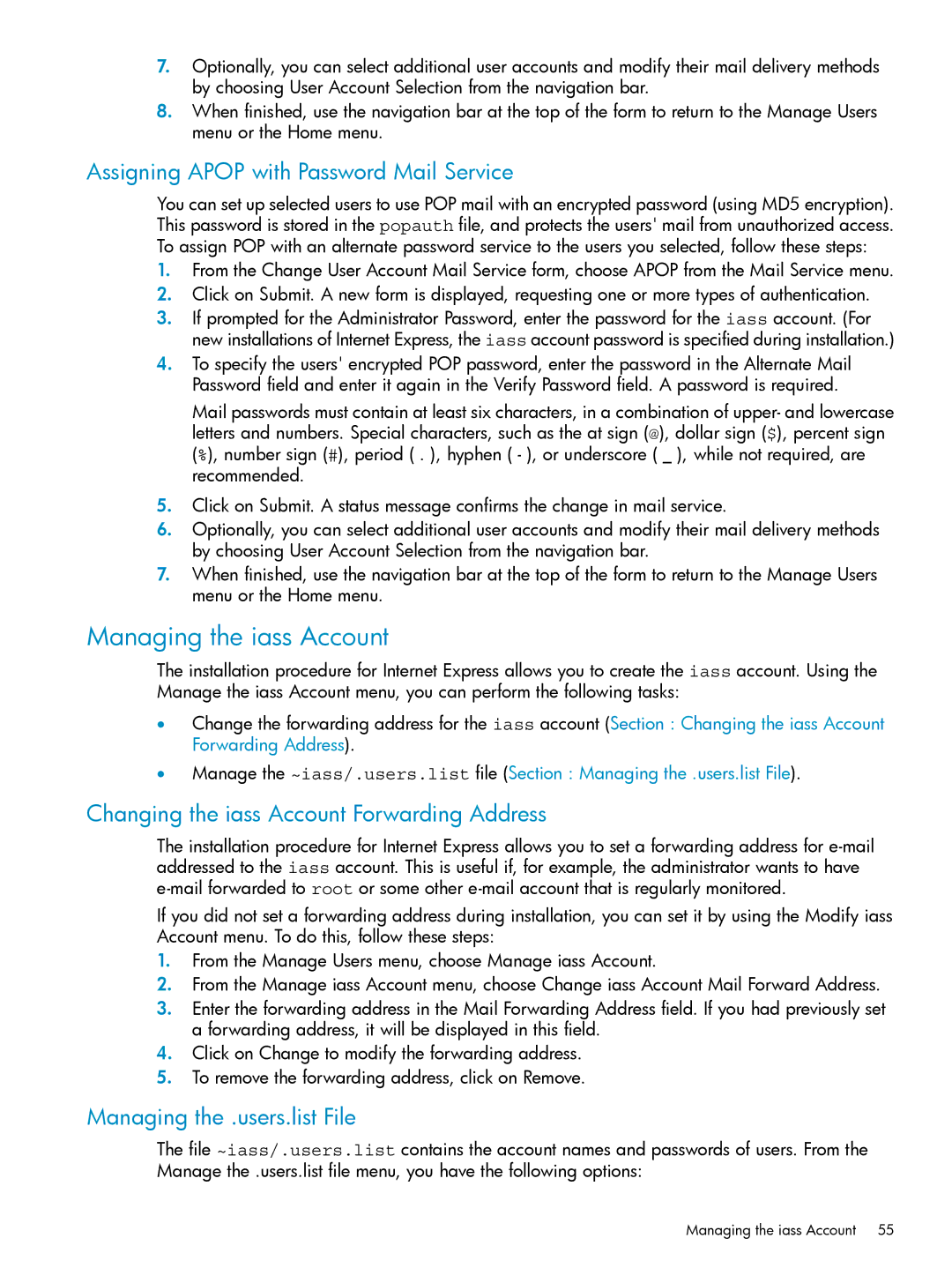 HP UX Internet Express Software manual Managing the iass Account, Assigning Apop with Password Mail Service 