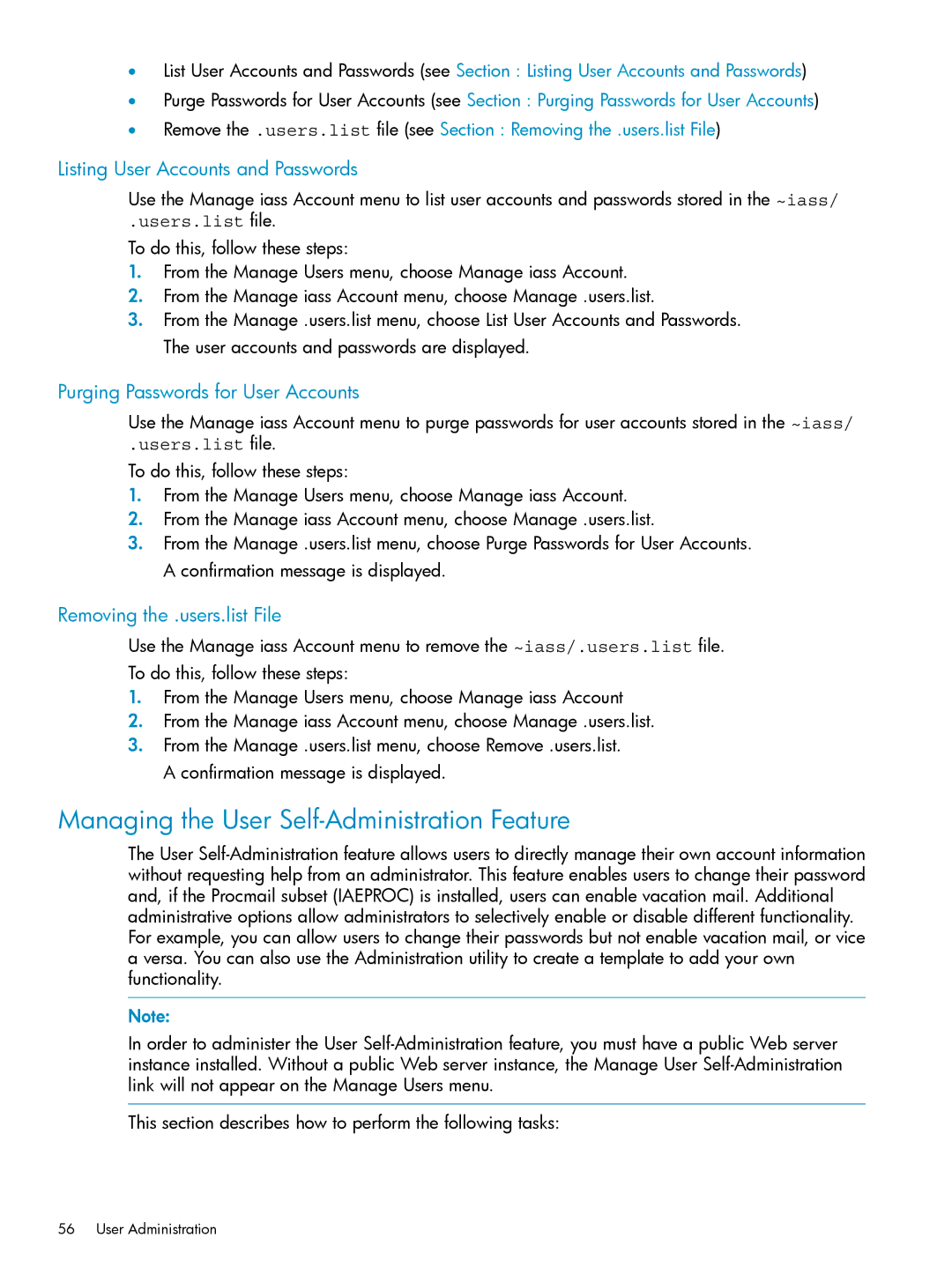 HP UX Internet Express Software manual Managing the User Self-Administration Feature, Listing User Accounts and Passwords 