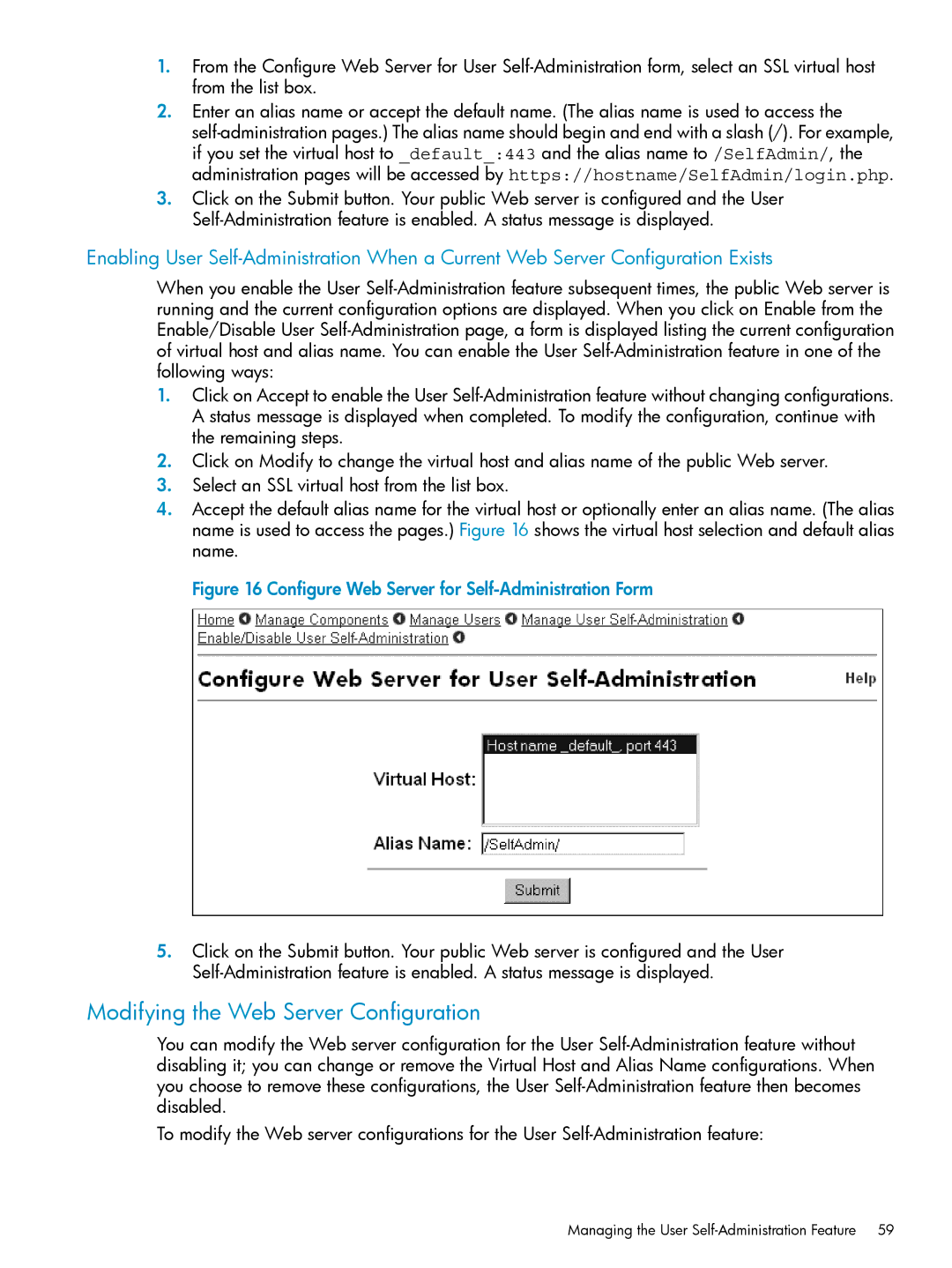 HP UX Internet Express Software Modifying the Web Server Configuration, Configure Web Server for Self-Administration Form 