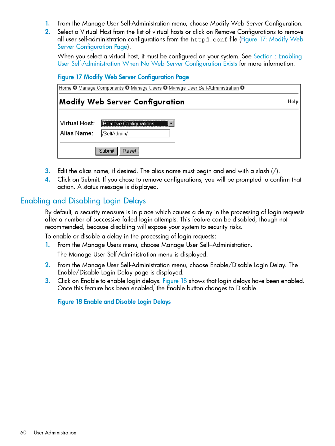 HP UX Internet Express Software manual Enabling and Disabling Login Delays, Modify Web Server Configuration 