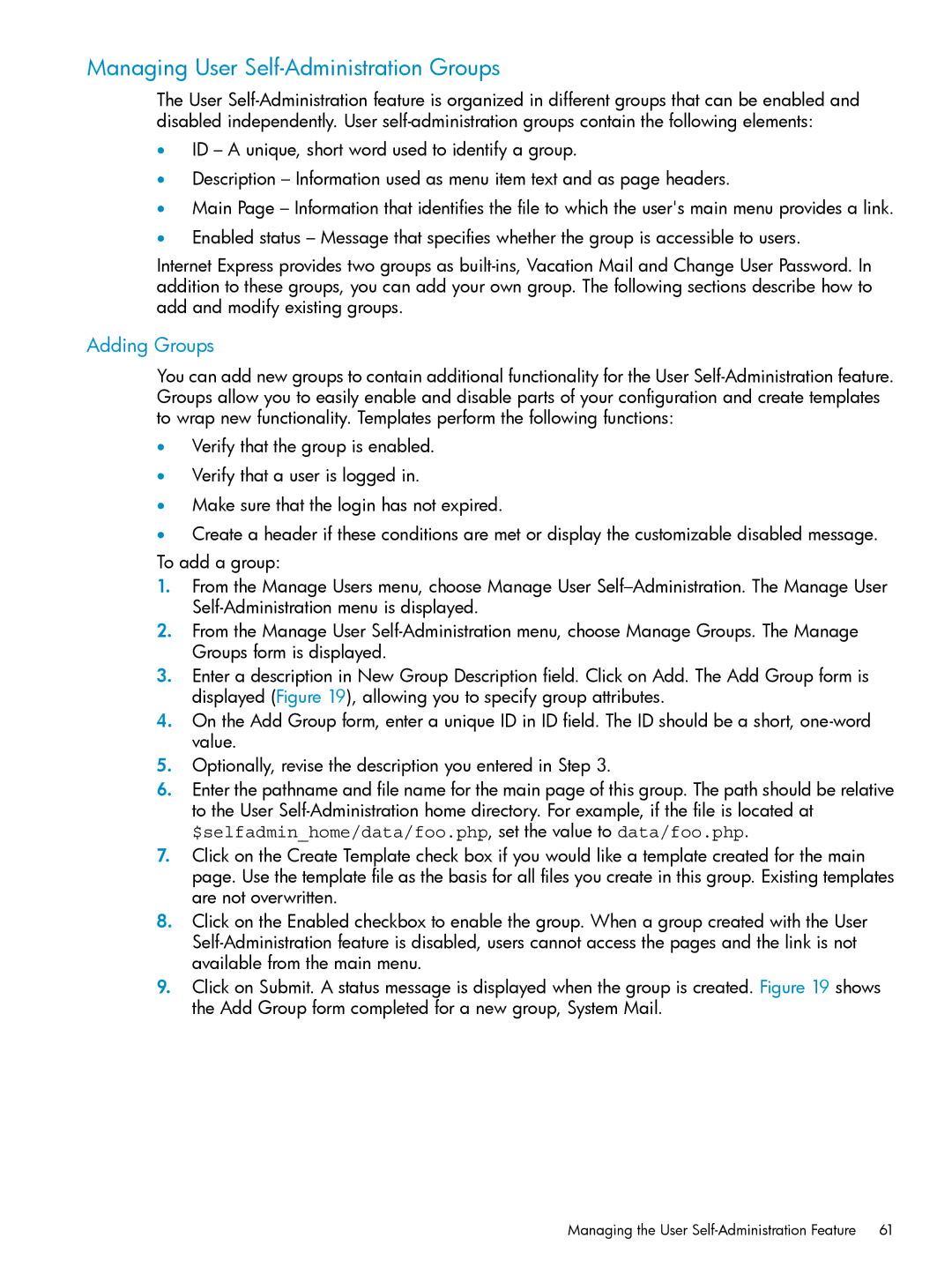 HP UX Internet Express Software manual Managing User Self-Administration Groups, Adding Groups 