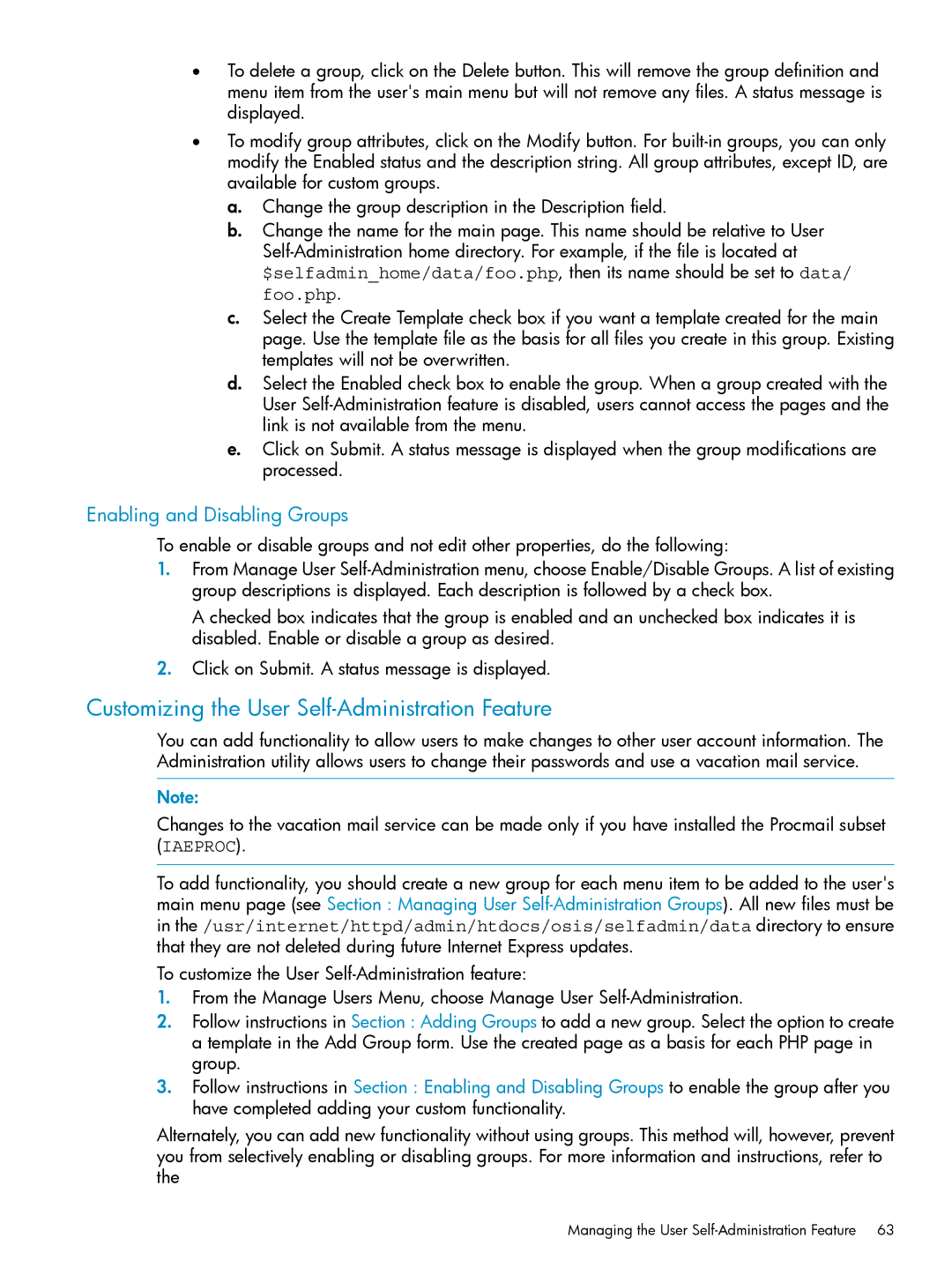 HP UX Internet Express Software manual Customizing the User Self-Administration Feature, Enabling and Disabling Groups 