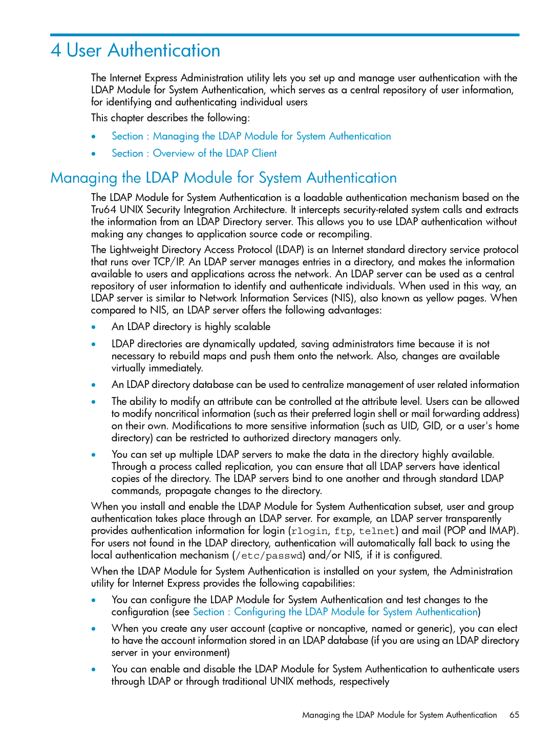 HP UX Internet Express Software manual User Authentication, Managing the Ldap Module for System Authentication 