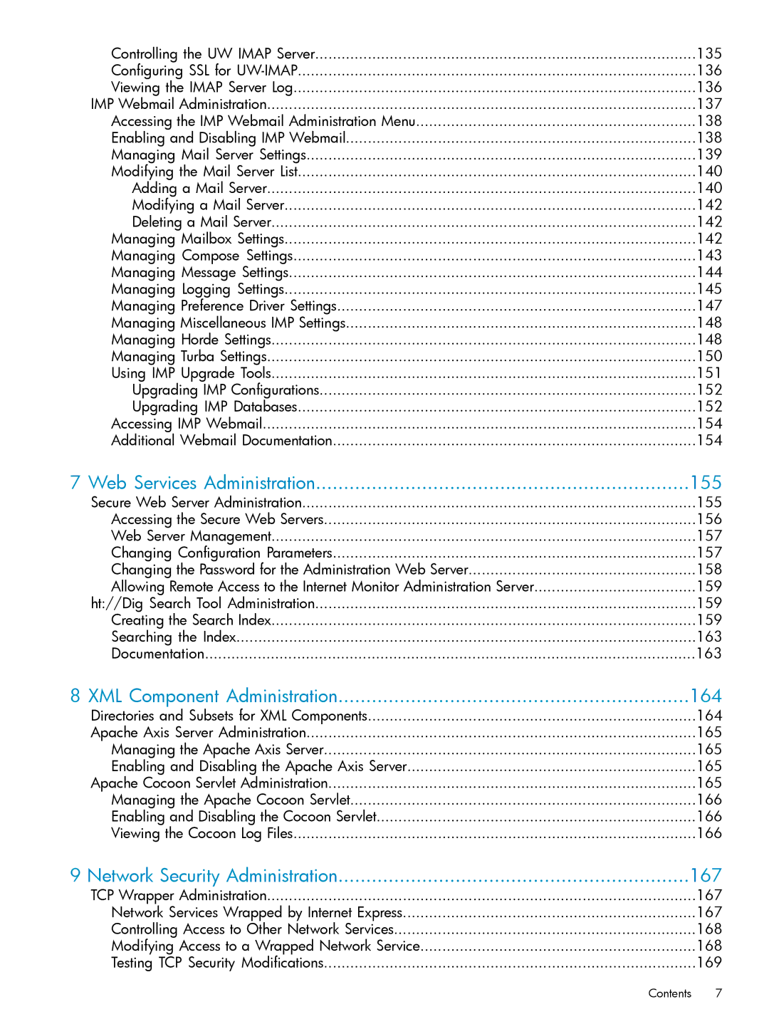 HP UX Internet Express Software manual Web Services Administration 155, XML Component Administration 164 