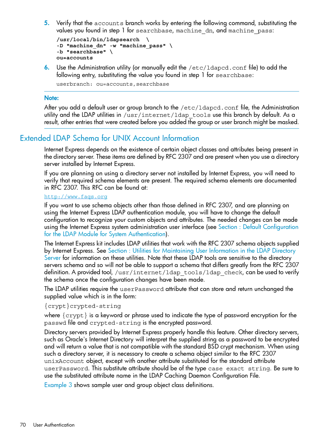 HP UX Internet Express Software manual Extended Ldap Schema for Unix Account Information, Userbranch ou=accounts,searchbase 