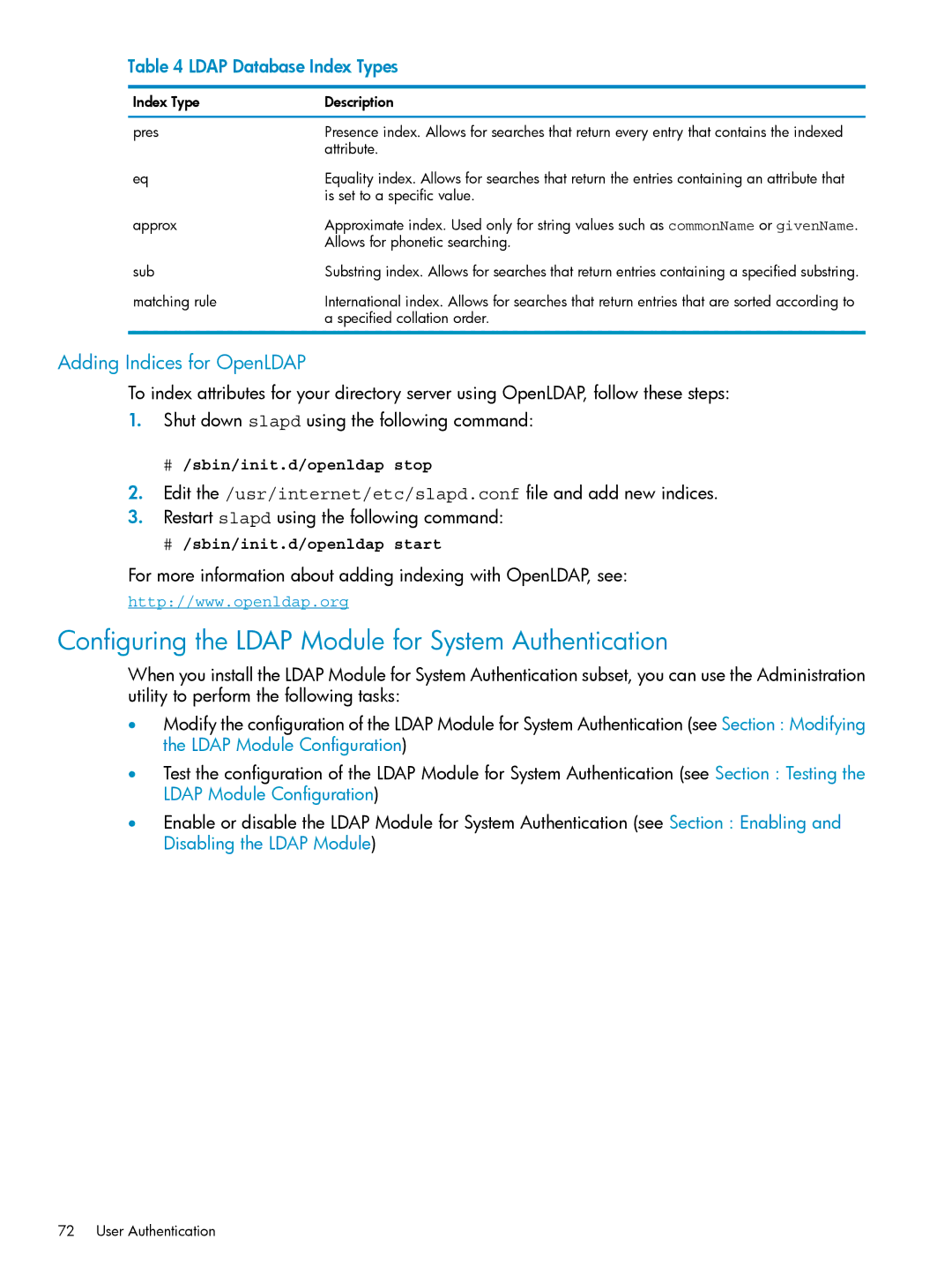 HP UX Internet Express Software manual Configuring the Ldap Module for System Authentication, Adding Indices for OpenLDAP 