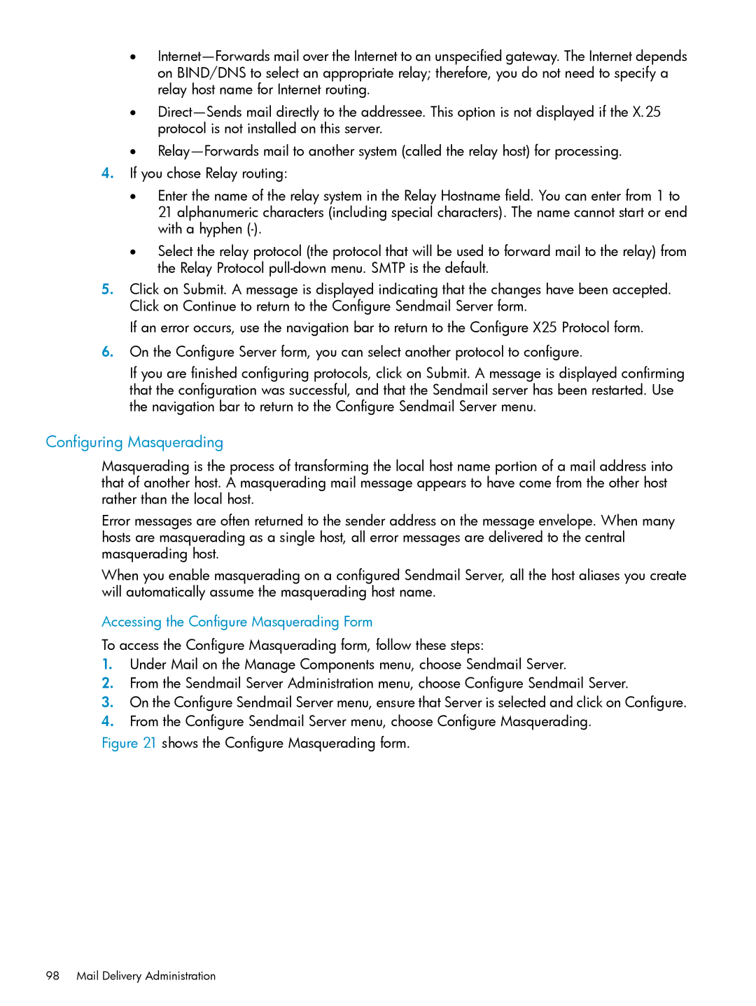 HP UX Internet Express Software manual Configuring Masquerading, Accessing the Configure Masquerading Form 