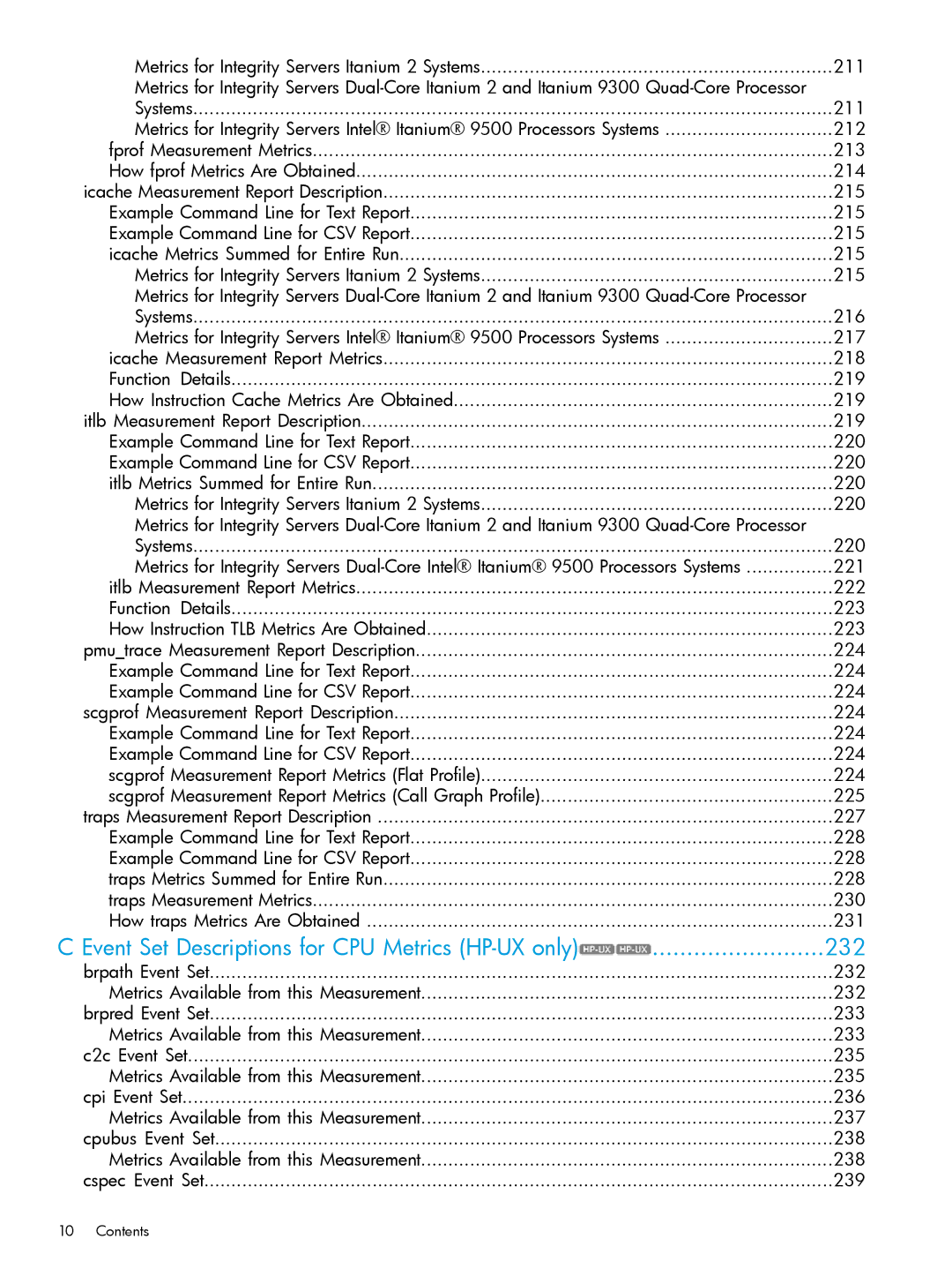 HP UX IPFilter Software manual Event Set Descriptions for CPU Metrics HP-UX only 232, Systems 211, 212 