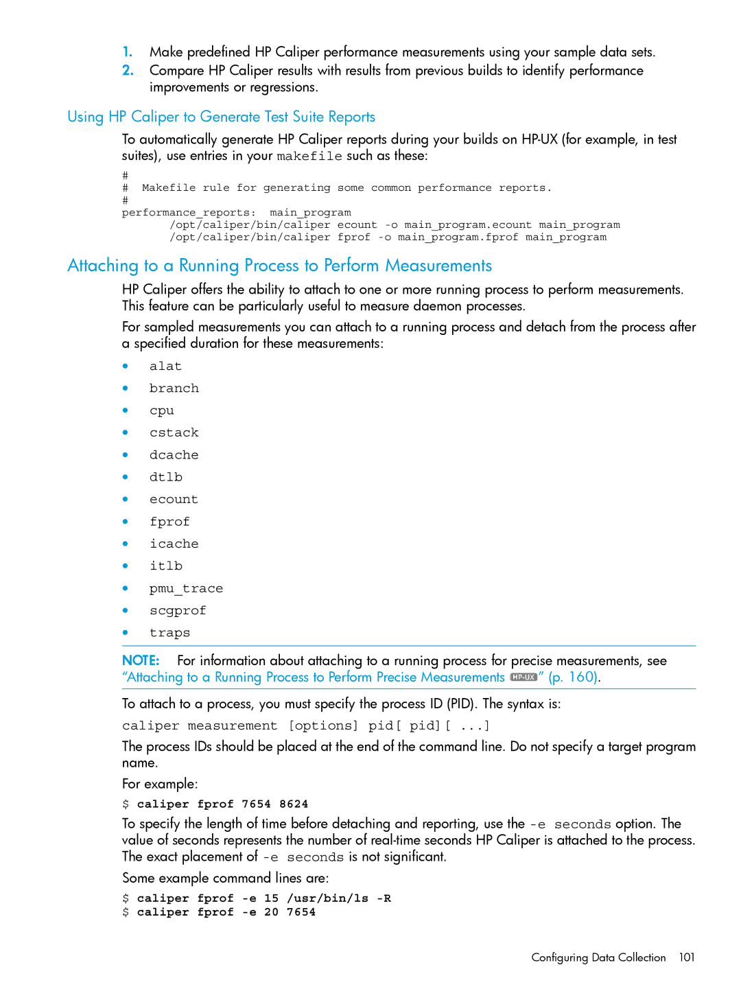 HP UX IPFilter Software manual Attaching to a Running Process to Perform Measurements, Caliper measurement options pid pid 