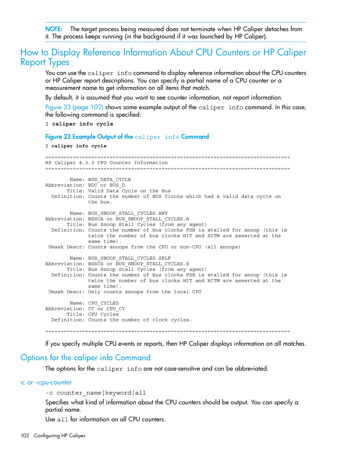 HP UX IPFilter Software manual Options for the caliper info Command, Or --cpu-counter, Ccounternamekeywordall 