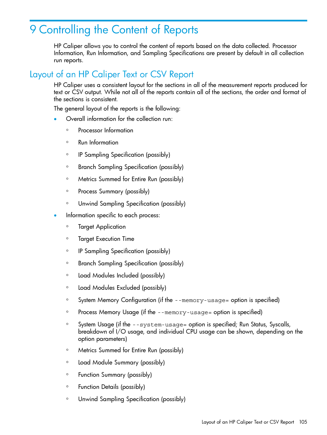 HP UX IPFilter Software manual Controlling the Content of Reports, Layout of an HP Caliper Text or CSV Report 