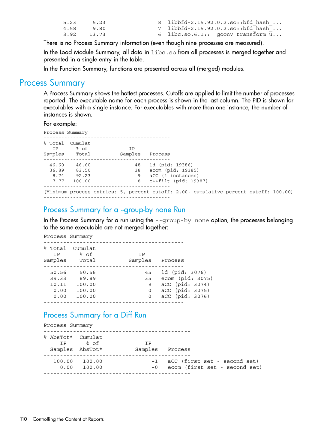 HP UX IPFilter Software manual Process Summary for a --group-by none Run, Process Summary for a Diff Run 