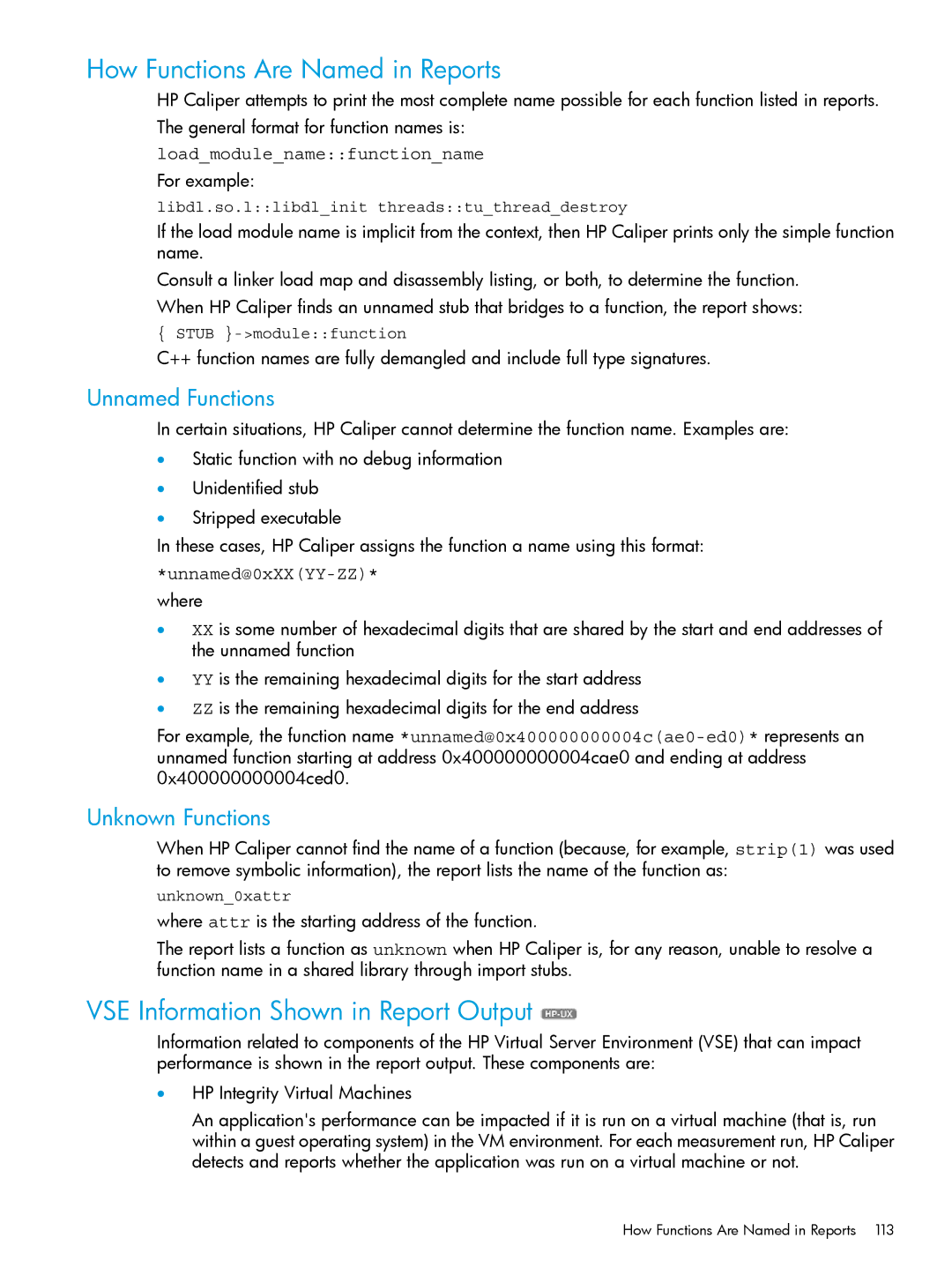 HP UX IPFilter Software How Functions Are Named in Reports, VSE Information Shown in Report Output, Unnamed Functions 