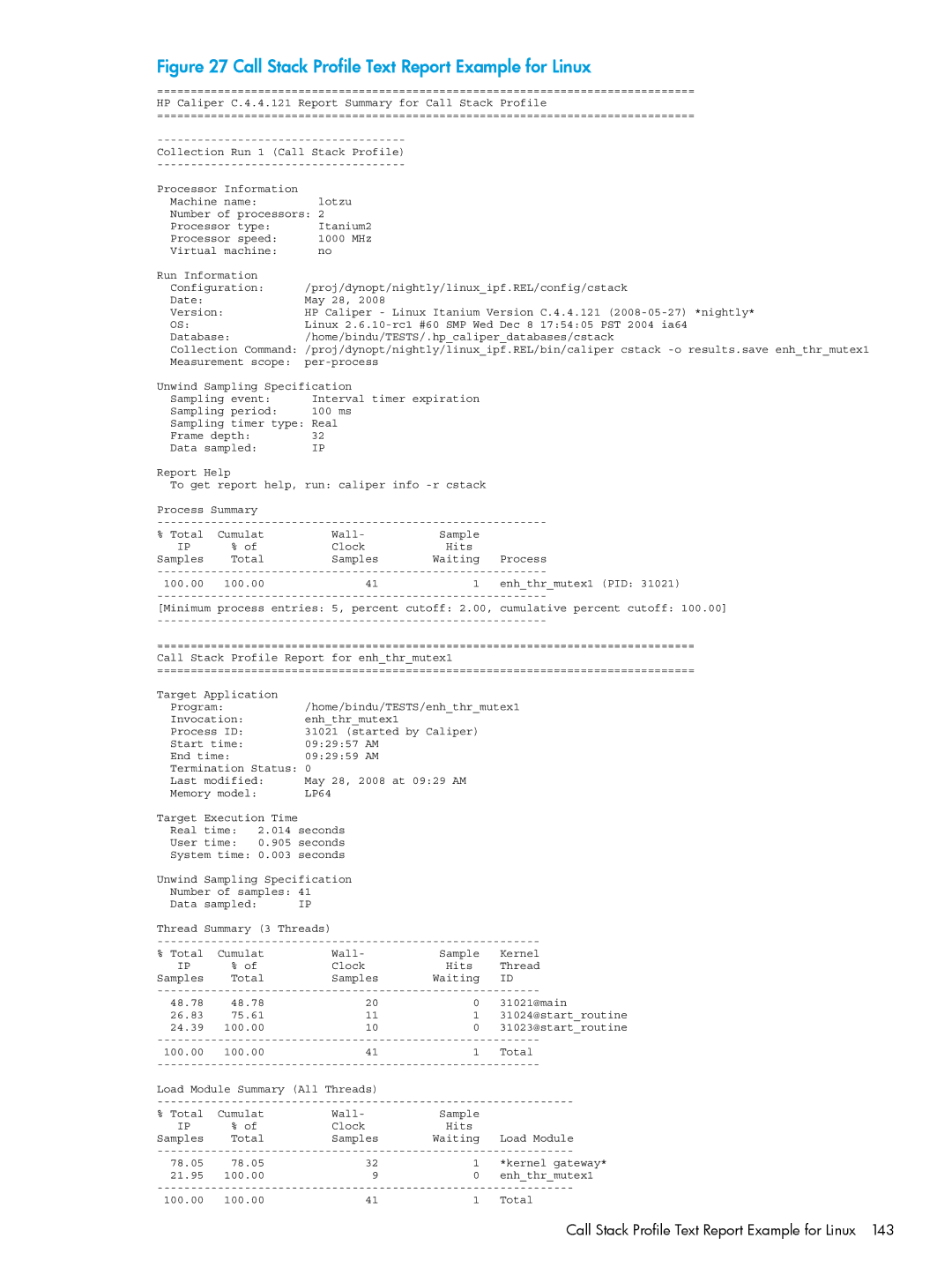 HP UX IPFilter Software manual Call Stack Profile Text Report Example for Linux 